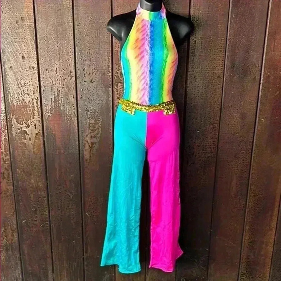 Vintage Pants - Vintage Rainbow Halter Neck Bell Bottom Flare Leg Jumpsuit Dance Costume 80s 90s